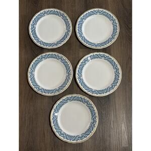 Vtg Shenango China Restaurant Ware 5 Dinner Plates Blue Scroll Gold Trim 9"